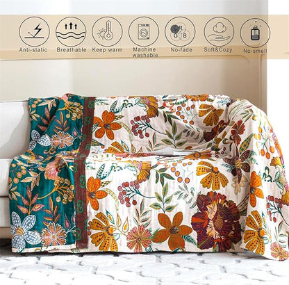 Fall Throw Blanket for Couch Bed Chair, 100% Cotton Muslin Breathable Woven Throws 60''x 80'' Boho Vintage Quilt for All Seasons Warm Lightweight Farmhouse Blankets Home Decoration