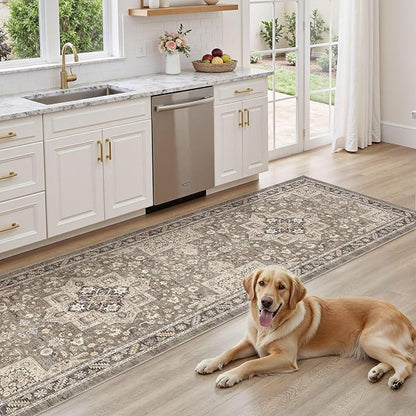 Vintage Hallway Runner Rug 3x10: Large Soft Washable Entryway for Kitchen Laundry Room Non-Slip Backing Runner for Entrance Living Room Bedroom Bathroom - Brown