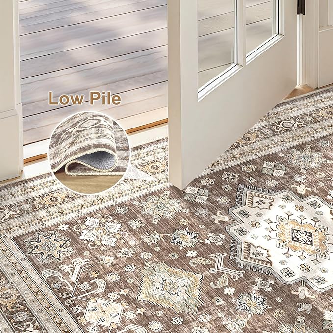 Vintage Living Room Area Rug 3x5 - Large Soft Washable Oriental Traditional Distressed Farmhouse Rugs for Bedroom - Indoor Floor Accent Carpet for Home Office House Decor - Dark Brown