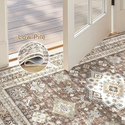 Vintage Living Room Area Rug 3x5 - Large Soft Washable Oriental Traditional Distressed Farmhouse Rugs for Bedroom - Indoor Floor Accent Carpet for Home Office House Decor - Dark Brown