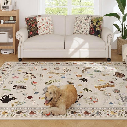Rugcomf Living Room Rug 6x9 Rug Machine Washable Boho Area Rug Non Slip Floral Animal Cat Vintage Low Pile Large Rug for Living Room Bedroom Farmhouse Dining Room Kids Playroom, Beige
