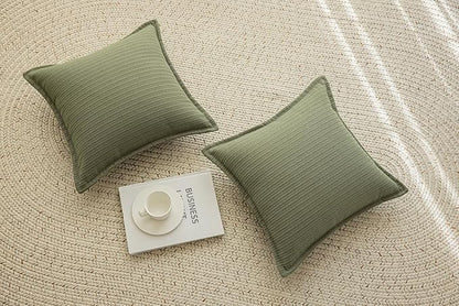 Set of 2 Cozy Striped Herringbone Flange Throw Pillow Covers, Aesthetic Embossed Pattern Pillow Covers for Couch and Bed - 16"x16", Sage Green