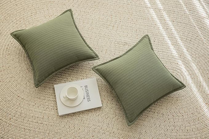 Set of 2 Cozy Striped Herringbone Flange Throw Pillow Covers, Aesthetic Embossed Pattern Pillow Covers for Couch and Bed - 18"x18", Sage Green