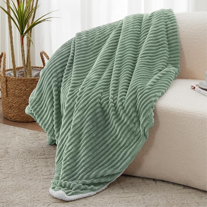 Sherpa Throw Blanket for Couch - Super Soft & Thick, Green Throw Blanket, Warm Blankets for Winter, Fluffy Blanket for Sofa Bed, Striped Fleece, Sage, 50"x60"