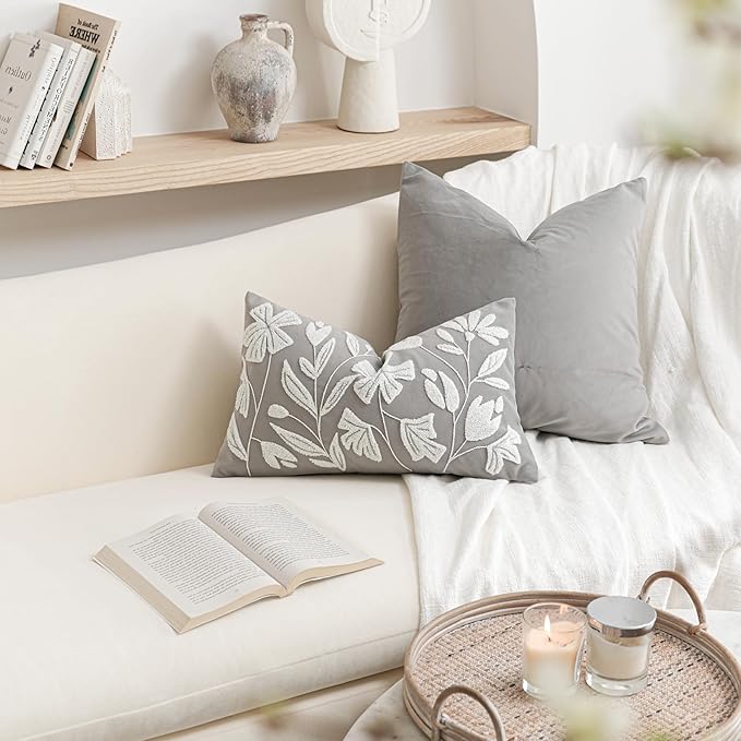 BlissBlush Grey Velvet Decorative Lumbar Throw Pillow Cover 12X20, Light Gray Floral Tufted Soft Farmhouse Textured Pillowcase, Accent Pillowcase for Couch Sofa Bed Living Room