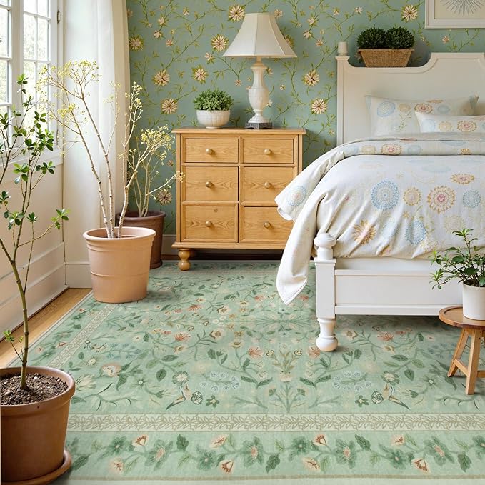 Lahome Floral 5x7 Washable Rug, Non Slip Soft Rug for Kids Room Nursery Ultra-Thin Green Carpet Bedroom, Vintage Botanical Print Carpet for Playroom Classroom Living Room Kitchen, Sage