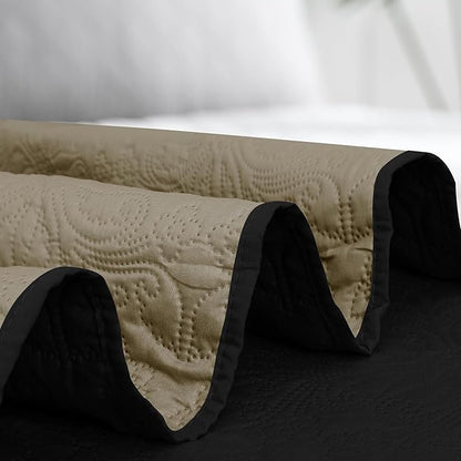 Easy-Going King Size Reversible Quilt Set with 1 Quilt and 2 Pillow Shams, Soft Bed Quilt Cover, Water Resistant Lightweight Microfiber Bedspread, Stain Resistant, Damask-Black/Beige
