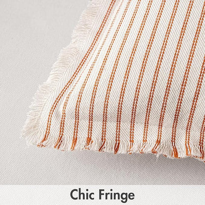 MIULEE Pack of 2 Rust Pillow Covers 22x22 Inch Striped Farmhouse Couch Throw Pillow Covers with Fringe Chic Linen Decorative Cushion Covers for Sofa Living Room Bed Outdoor Home Decor