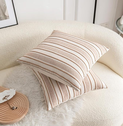 Decorative Boho Throw Pillow Covers, Farmhouse Textured Pillow Case, 18 x 18 Inch Set of 2, Chair Sofa Bedroom Living Room Home Decor Couch Cushion Case, Brown and Beige Striped