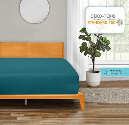 ROYALE LINENS 300 Thread Count 100% Long Staple Combed Cotton Fitted Sheet California King - Super Soft Deep Pocket Bottom Sheet - Fitted Sheets Only - Elastic Sheets (Cal King, Teal)