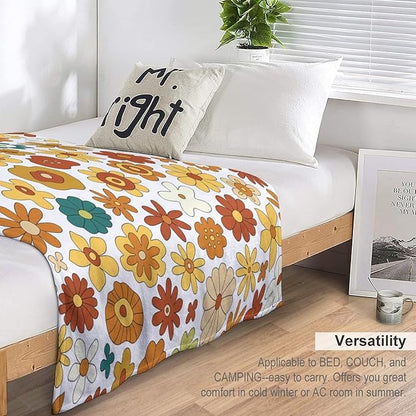 Vintage Hippie Floral Blanket, 70s Boho Abstract Yellow Orange Flowers Funny Print Throw Blanket for Holiday Theme Home Decor Bedding Couch 60"x80"