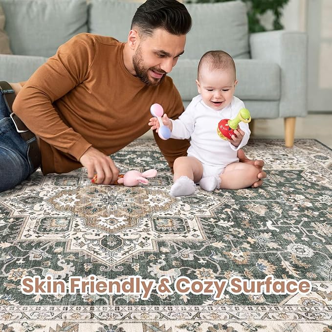 Vintage Living Room Area Rug 8x10 - Large Soft Washable Oriental Traditional Distressed Farmhouse Rugs for Bedroom - Indoor Floor Accent Carpet for Home Office House Decor - Vintage Green