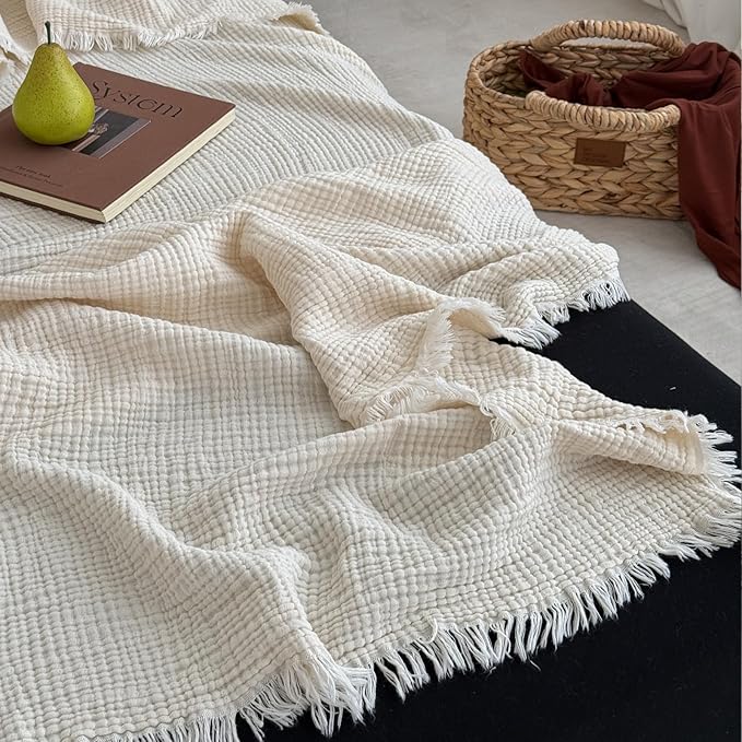 MorroMorn 100% Cotton Muslin Throw Blanket with Fringes 50"x60", 4-Layer Cotton Gauze Blankets for Adults, Boho Bedding Breathable Lightweight Ultra-Soft for Couch Bed Sofa All Seasons, Linen Beige