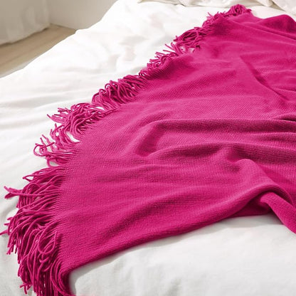 Homiest Decorative Knitted Throw with Fringe, Lightweight Acrylic Knit Blanket, Soft & Cozy Tassel for Couch Sofa Bed (Fuschia, 50 x 60 Inch)