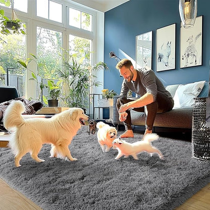Dark Gray Fluffy Rug Plush Carpet for Bedroom Dorm, Non-Slip High Pile Rug, Shag Rug for Playroom Nursery Home Office Decor 5X7Ft