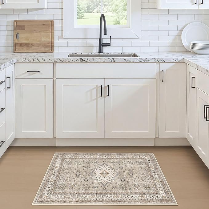 Vintage Living Room Area Rug 2x3 - Large Soft Washable Oriental Traditional Distressed Farmhouse Rugs for Bedroom - Indoor Floor Accent Carpet for Home Office House Decor - Beige