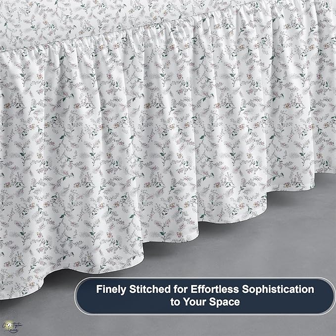 Cottington Lane Ruffled Bed Skirt Full Size with Split Corner, Brushed Microfiber Hotel Quality Dust Ruffle, 21 Inch Drop Gathered Bedskirt, Soft, Stylish, Shrink & Fade Resistant, Coco Rose Leaf