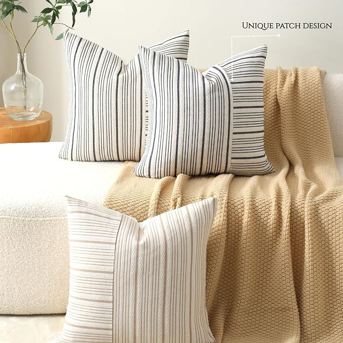 DWR Striped 3D Textured Weave Throw Pillow Covers 18x18 Set of 2, Polyester Cotton Blend in Black, Modern Farmhouse Decorative Pillow Cases for Couch Sofa Bed Living Room