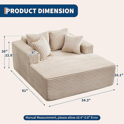 61" Oversized Chaise Lounge Chair Indoor, Boneless Couch Cloud Fluffy Chaise Lounges Corduroy Upholstered Sofa Bed w/Throw Pillows for Living Room Home Camel