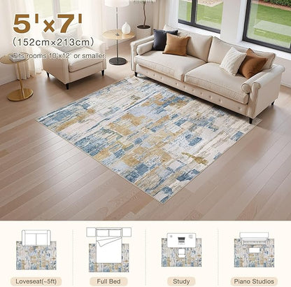 Abstract Living Room Rug 5x7 - Modern Washable Soft Thin Area Rug for Living Room Bedroom Under Dining Table - Neutral Indoor Floor Rug Carpets for Home Office Playroom Nursery - Blue Gold