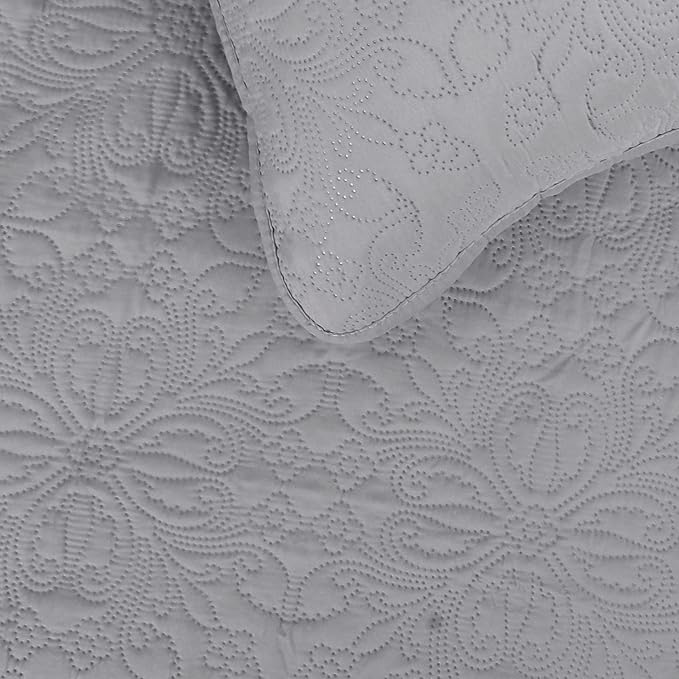 Easy-Going Twin Size Reversible Quilt Set with 1 Quilt and 1 Pillow Sham, Soft Bed Quilt Cover, Water Resistant Lightweight Microfiber Bedspread, Stain Resistant, Damask-Light Gray/Ivory