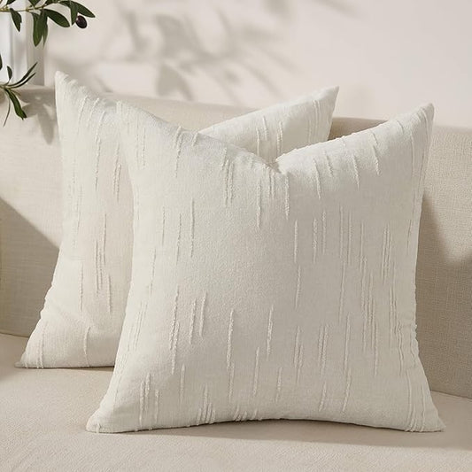 Set of 2 Soft Textured Throw Pillow Covers 20x20, Invisible Zipper Neutral Cushion Cases, Easy - Care Decorative Farmhouse Decor for Living Room Couch (White, 20" x 20" (Pack of 2))