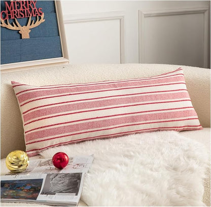 Christmas Lumbar Pillow Covers, Boho Textured Long Accent Pillow Case, Red Pillow Covers 14 x 36 Inch Christmas Decorative, Chair Sofa Bedroom Living Room Home Decor Cushion Case, Pack of 1