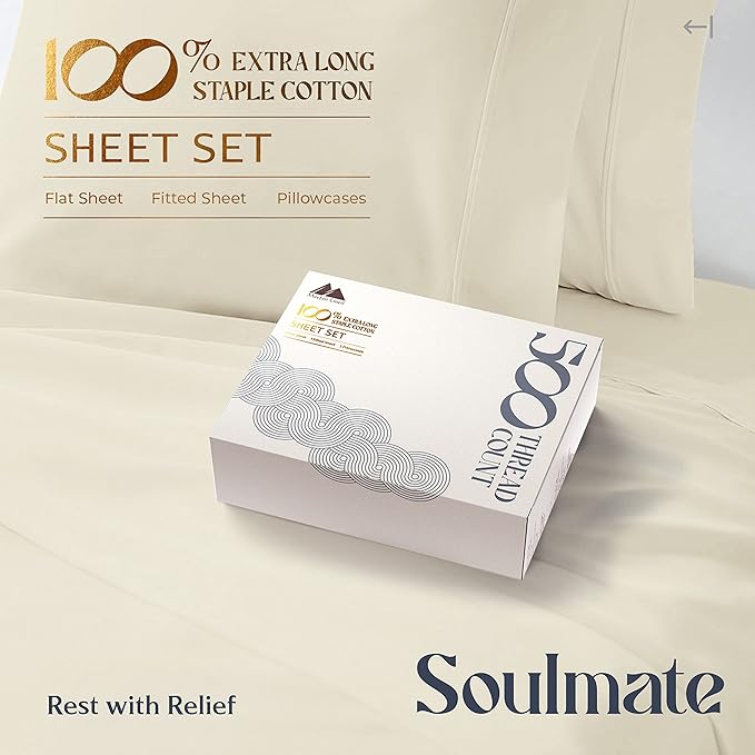 Mayfair Linen 500 Thread Count California King Cotton Sheets - 4 PC Cal King Size Bed Sheet Set Cotton (Sand), Soft, Cooling, Sateen Weave 16" Deep Pocket Bedsheet for Hot Sleepers (Fits 18" Mattress)