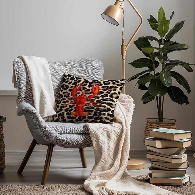 Coastal Leopard Lobster Pillow Covers 18x18, Leopard Print Home Decor, Lobster Decor, Nautical Beach Crawfish Throw Pillow Covers for Home Bedroom Living Room Sofa Couch