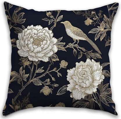 Vintage Floral Throw Pillow Covers, Vintage Flower Pattern Double Sided Cushion Cover, Indoor and Outdoor Home Art Decor Pillowcase for Sofa or Bedroom Decor 18x18inches (Flower&Bird, 18x18inches)