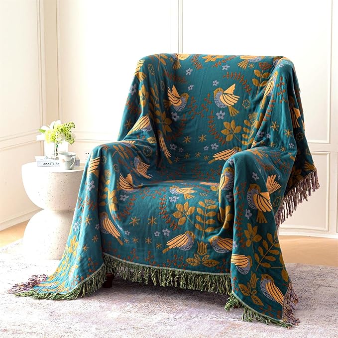 MSGKV 100% Cotton Blanket Boho Throw Blue Warm Couch Sofa Bed Double Sided Knit Super Soft Cover Sheet Reversible Wearable Fall Winter Blanket, 60''Wx 80''L, A-blue Bird (US6018-001A-150x200)