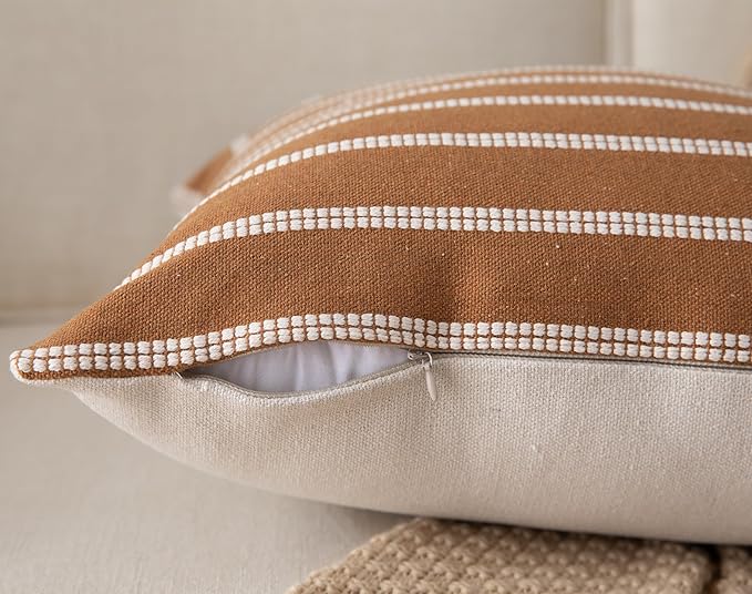 Caflife Boho Throw Pillow Covers 12x20 Set of 2 Soft Farmhouse Decorative Couch Pillow Cases Brown Striped Pillow Covers Neutral Cushion Covers for Sofa Bed Living Room Home Decor