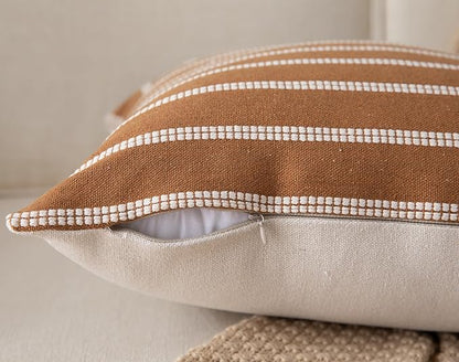 Caflife Boho Throw Pillow Covers 12x20 Set of 2 Soft Farmhouse Decorative Couch Pillow Cases Brown Striped Pillow Covers Neutral Cushion Covers for Sofa Bed Living Room Home Decor