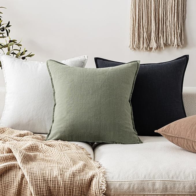 EMEMA Throw Pillow Covers Decorative Linen Pillow Covers 24x24 Inch Light Olive Green Boho Farmhouse Neutral Couch Throw Pillows for Bed Pack of 2 Accent Pillowcase Modern Sofa Cushion Livingroom Home
