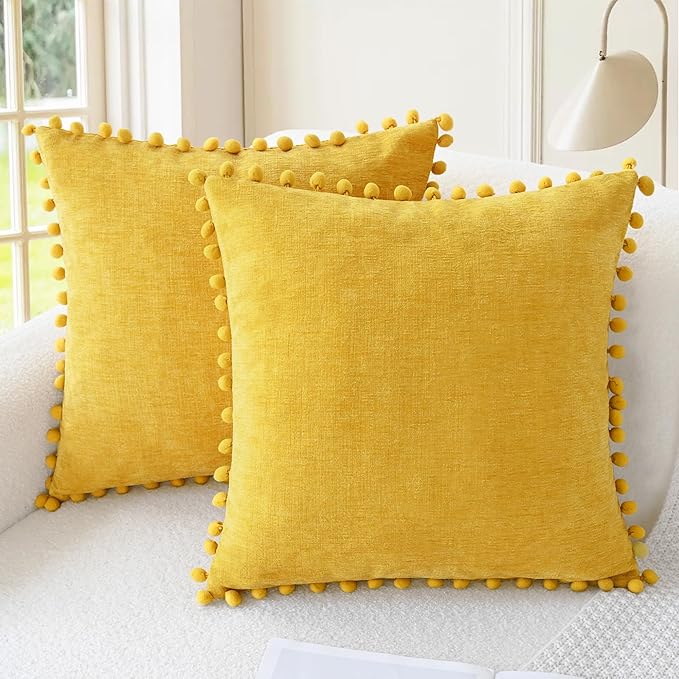CaliTime Throw Pillow Covers Decorative 16 X 16 Inches Pack of 2 Cozy Solid Dyed Soft Chenille Cushion Cases with Pom Poms for Couch Sofa Bed Living Room Home Mustard Yellow