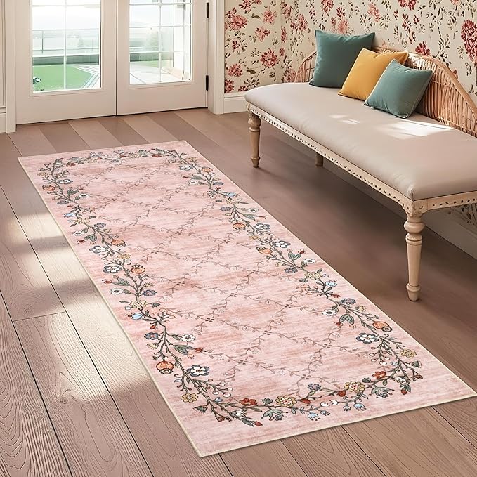 GarveeHome 2x6 Washable Floral Runner Rugs for Hallway: Modern Floral Non Slip Large Runner Rugs for Kitchen, Large Machine Washable Hallways Low Pile Carpet with Non-Slip Backing Pink 2 ft x6 ft.