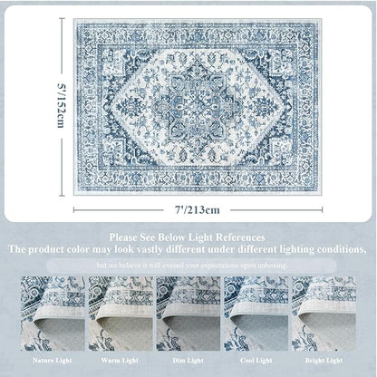 LIVEBOX Blue Washable Area Rug 5x7 - Large Vintage Tribal Living Room Non-Slip Indoor Carpet for Bedroom, Low-Pile Retro Print Distressed Accent for Nursery Entryway Office