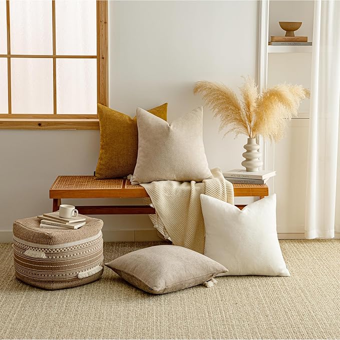 a moment Pack of 2 Decorative Chenille Throw Pillow Covers with Twill Cushion Covers for Sofa Living Room Couch Bed 12x20 Inch Light Brown