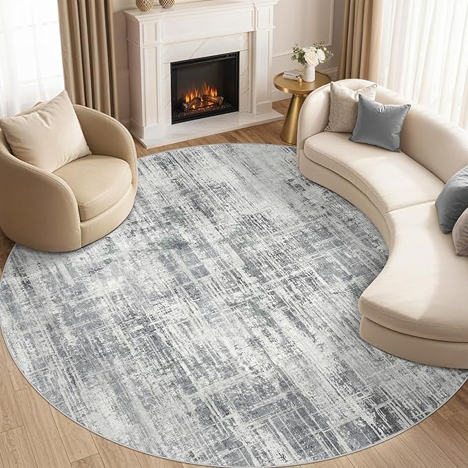 8ft Round Area Rug for Living Room: 8x8 Washable Neutral Abstract Modern Soft Rugs Non Slip Indoor Floor Stain Resistant Carpet for Bedroom Dining Room Office Nursery - Gray
