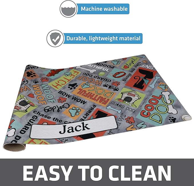 Drymate Personalized Pet Bowl Placemat, Custom Dog & Cat Food Feeding Mat - Absorbent Fabric, Waterproof Backing - Machine Washable/Durable (USA Made) (16" x 28") (Cool Dog - Grey)