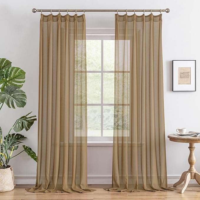 MAIHER Sheer Pinch Pleated Curtains 108 Inches Long Light Filtering 9ft Curtain Panels for Bedroom Soft Touch Lightweight Pleated Drapes with Adjustable Hooks, Khaki, 42" W x 108" L, 2 Panels