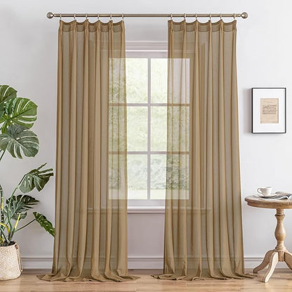 MAIHER Sheer Pinch Pleated Curtains 108 Inches Long Light Filtering 9ft Curtain Panels for Bedroom Soft Touch Lightweight Pleated Drapes with Adjustable Hooks, Khaki, 42" W x 108" L, 2 Panels