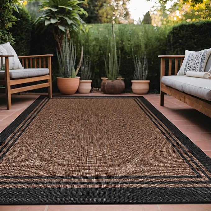 Bordered Outdoor Rug 5x7 Washable Outside Carpet for Indoor Patio Porch Waterproof Easy Cleaning Non Shedding Area Rugs Nut Brown 5 x 7