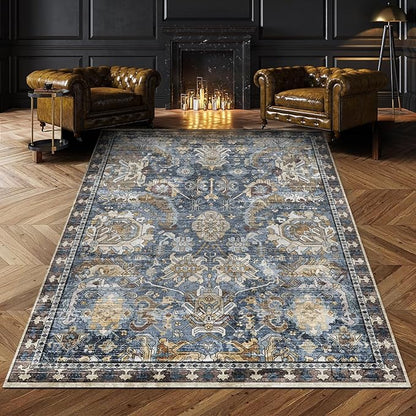 RUGSURE Washable Area Rugs - Perfect for Living Room, Bedroom, Kids Room, Nursery - Stain & Water Resistant Non-Slip, Pet & Child Friendly, Vintage Tribal Area Rugs (Navy, 9' x 12')