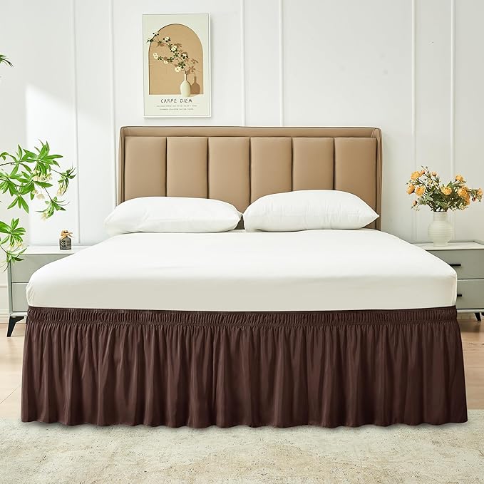 Biscaynebay Wrap Around Bed Skirts for Queen Beds 15" Drop, Brown Adjustable Elastic Dust Ruffles Easy Fit Wrinkle & Fade Resistant Silky Luxurious Fabric Machine Washable