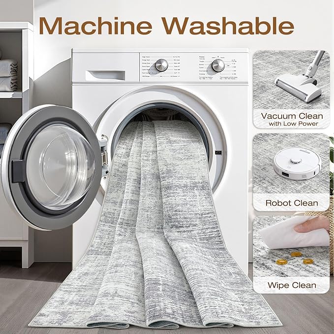 4x6 Rug Washable Area Rugs: Neutral Abstract Soft Modern Stain Resistant Small Indoor Floor Non-Slip Low Pile Throw Carpet for Entryway Kitchen Bedroom Nursery Kids Office Playroom Home House- Grey