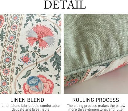 ISAENNE Design Lumbar Retro Elegance Linen Throw Pillow Covers 12"x28" Pack of 2, Green Pink Floral Pattern Cushion Covers Rectangle Decor Pillowcases for Bed,Living Room,Outdoor,Car