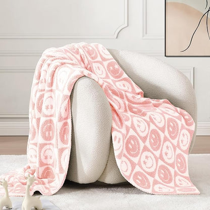 WRENSONGE Checkered Throw Blanket Blossom Smiling Face Soft Cozy Fluffy Warm Hand Made Weave Throw Blankets for Couch, Sofa, Chair, Bed, Camping, Picnic, Travel Lightweight Bed Blanket - 60"*80"