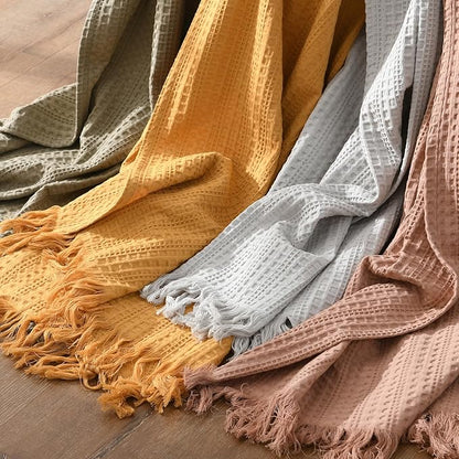 100% Cotton Waffle Blanket with Fringe, Pre-Washed Waffle Weave Blanket for All Season, Lightweight Breathable Soft Cozy Throw Blanket for Couch, Bed, Travel (Sage Green - 50x60 Inches)