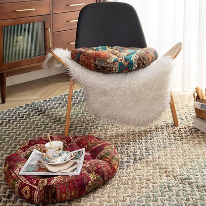vctops Bohemian Patchwork Round Chair Seat Cushions for Dining Kitchen Office Chairs Patio Soft Cotton Linen Chair Pads (Blue,Diameter 22")